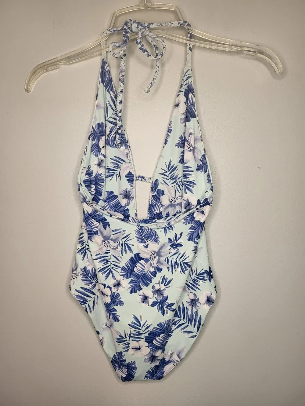 Frankies Bikinis Blue Tropical Floral Plunge Halter One Piece Swimsuit Sz Small